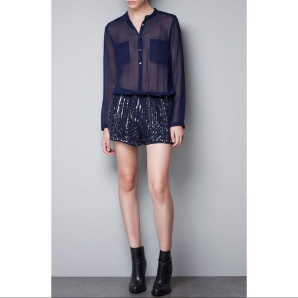 Navy Romper with Sequined Bottom and Sheer Top
